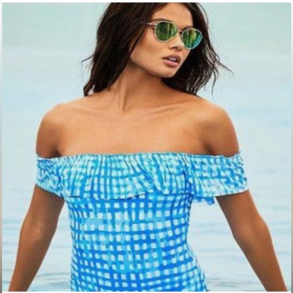 Lilly Pulitzer Blue Fiesta Gingham Off-Shoulder One-Piece Swimsuit - Picture 3 of 8